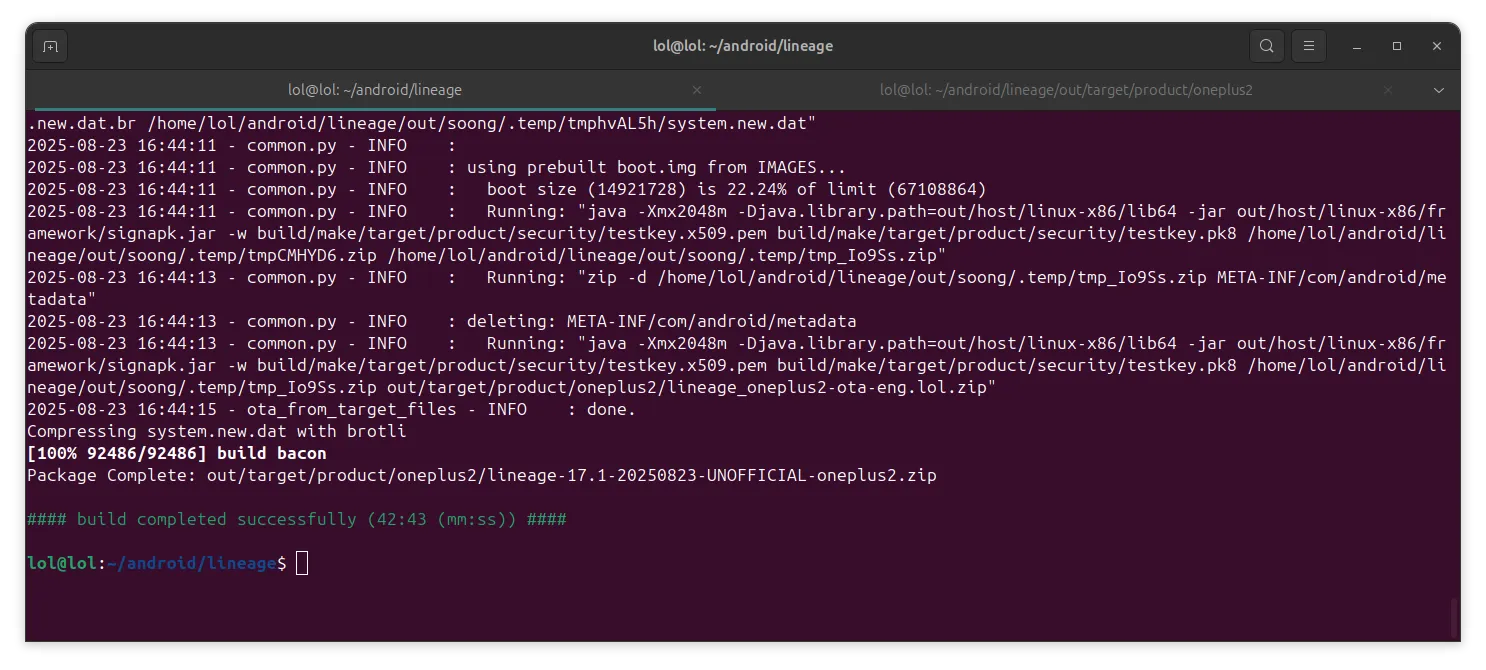 Build result showing successful LineageOS installation